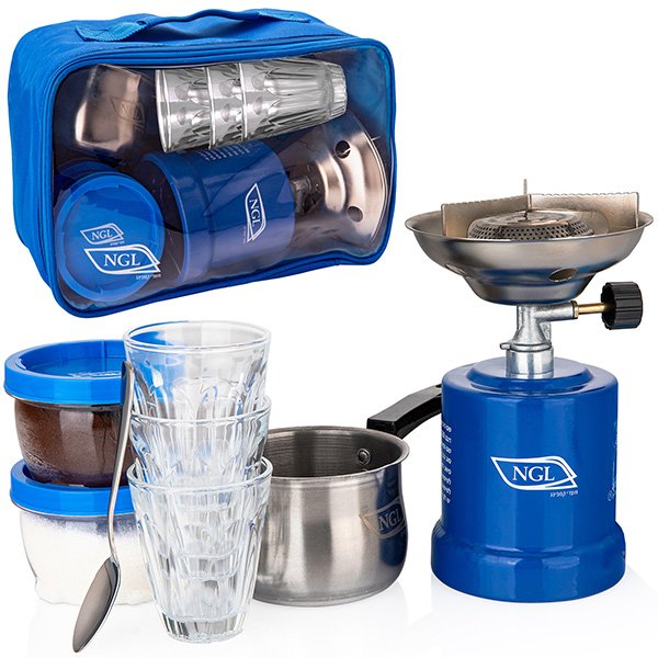 ערכת קפה לשטח עם פינג'אן וכירה בתיק נשיאה